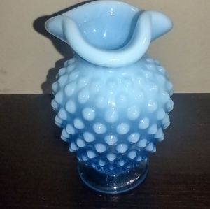 Vintage Fenton Glass Hobnail Vase 3 1/2” Blue Opalecent Ruffle Crest